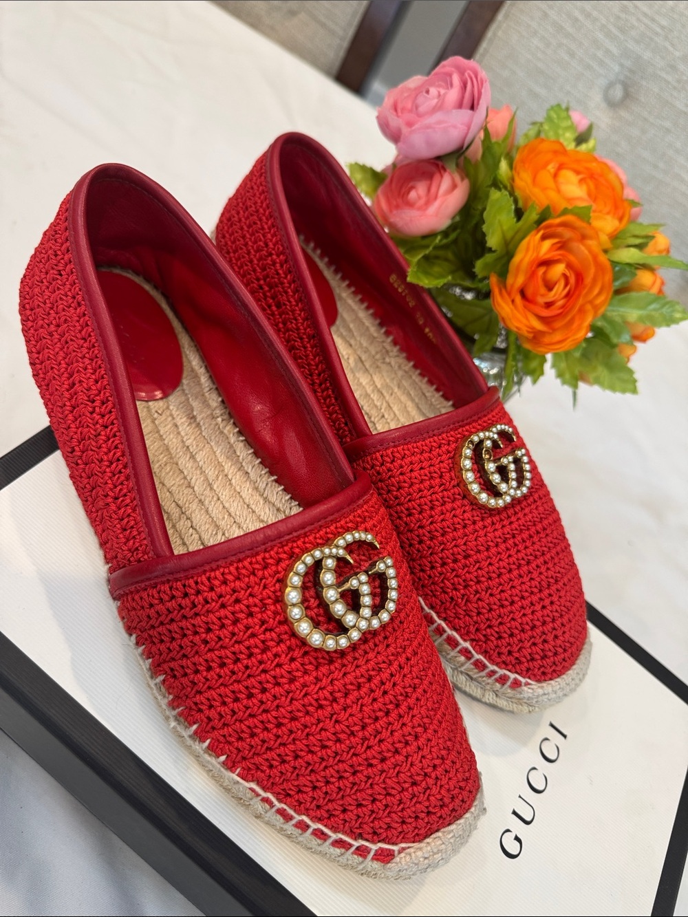 Authentic Gucci Red Crochet Espadrille Flats with Pearl-Embellished GG